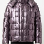 A luxury metallic purple hand-woven leather puffer jacket for men with a high-neck collar and contemporary tailored fit.
