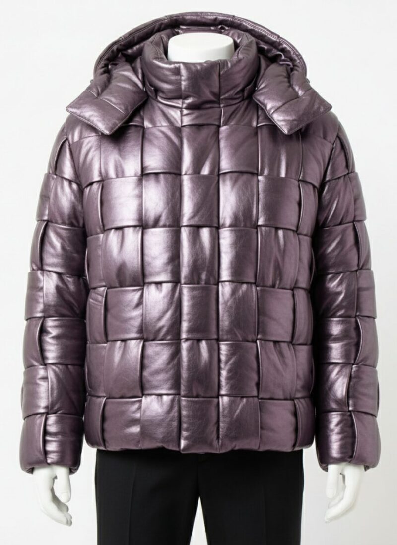 A luxury metallic purple hand-woven leather puffer jacket for men with a high-neck collar and contemporary tailored fit.