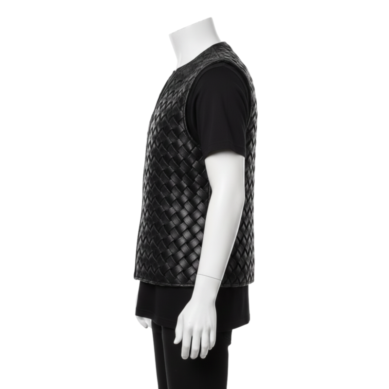 A man wearing a black woven leather vest for men with a center zipper and v-neck.