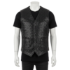 Bespoke brown leather vest for men featuring an intricate hand-woven motorcycle leather pattern and a tailored second skin fit