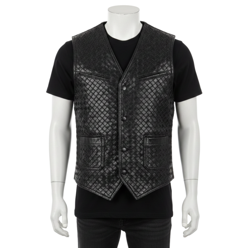 Bespoke brown leather vest for men featuring an intricate hand-woven motorcycle leather pattern and a tailored second skin fit