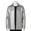 A luxury metallic silver hand-woven men's leather bomber jacket in a shirt-jacket style with a sharp collar and button front, made by Custom Jackets USA.