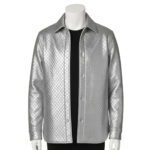 A luxury metallic silver hand-woven men's leather bomber jacket in a shirt-jacket style with a sharp collar and button front, made by Custom Jackets USA.