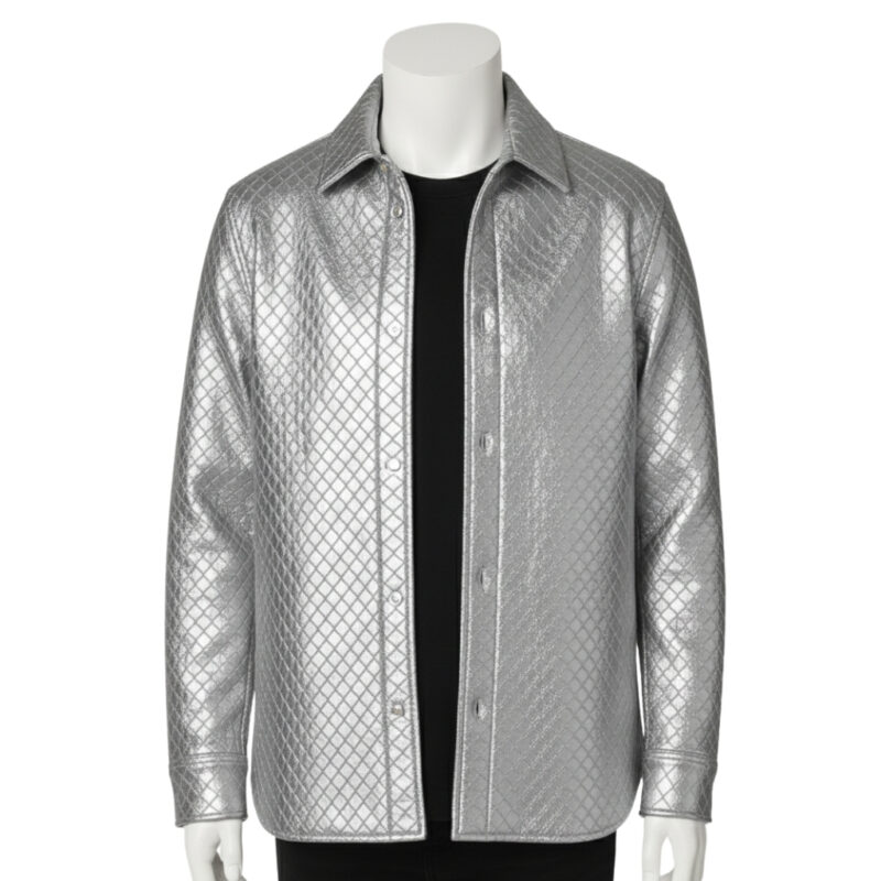 A luxury metallic silver hand-woven men's leather bomber jacket in a shirt-jacket style with a sharp collar and button front, made by Custom Jackets USA.