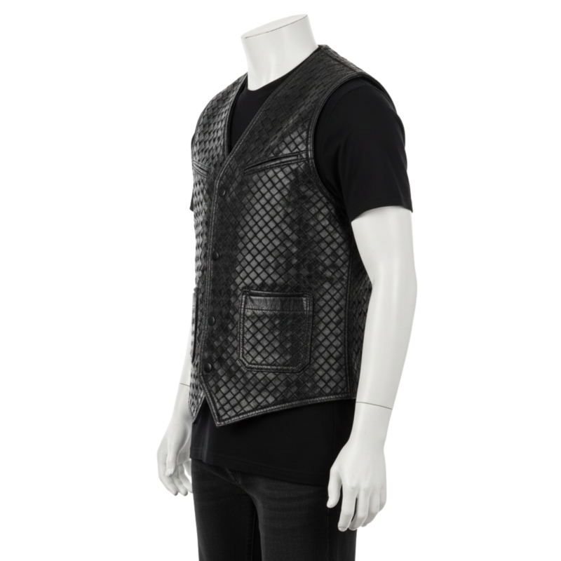 A man wearing a black woven men's leather western vest with a button-down front and pockets.