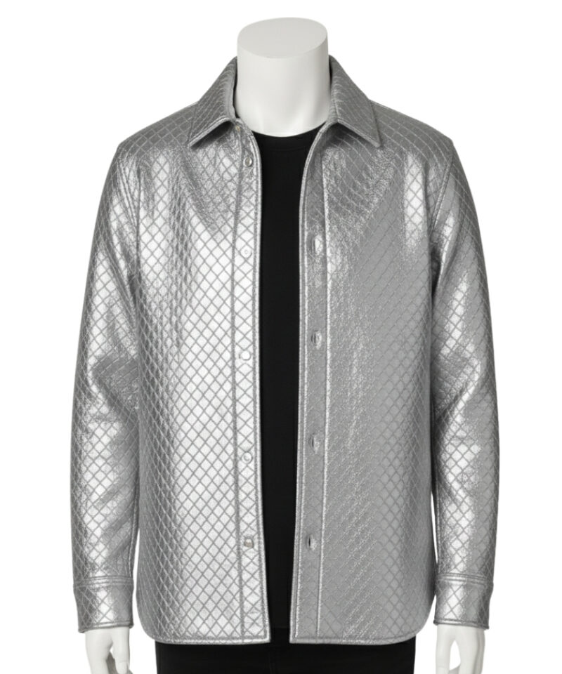 A luxury metallic silver hand-woven men's leather bomber jacket in a shirt-jacket style with a sharp collar and button front, made by Custom Jackets USA.