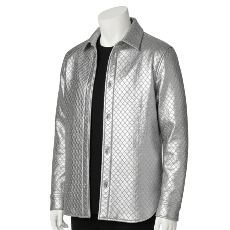 INTERLACING WOVEN LEATHER SHIRT METALLIC SILVER