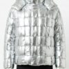 A man wearing a Custom Jackets USA metallic silver leather puffer jacket with a woven square pattern and high collar.