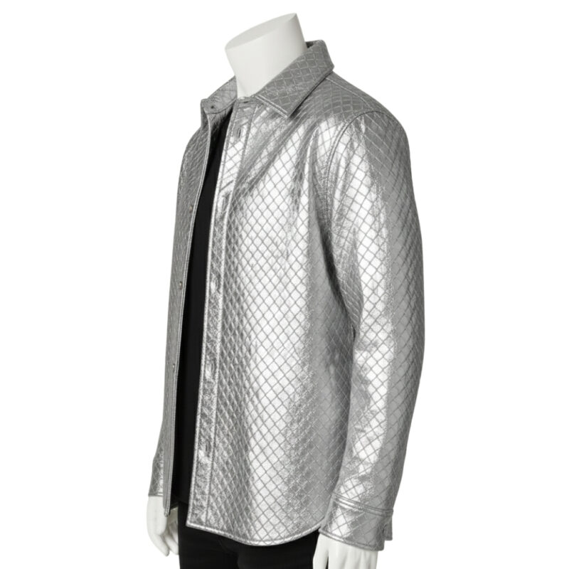INTERLACING WOVEN LEATHER SHIRT METALLIC SILVER