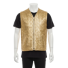 A man wearing a golden woven leather vest with biker lapels and an asymmetrical zipper.