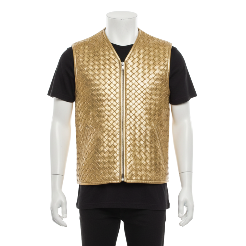 A man wearing a golden woven leather vest with biker lapels and an asymmetrical zipper.