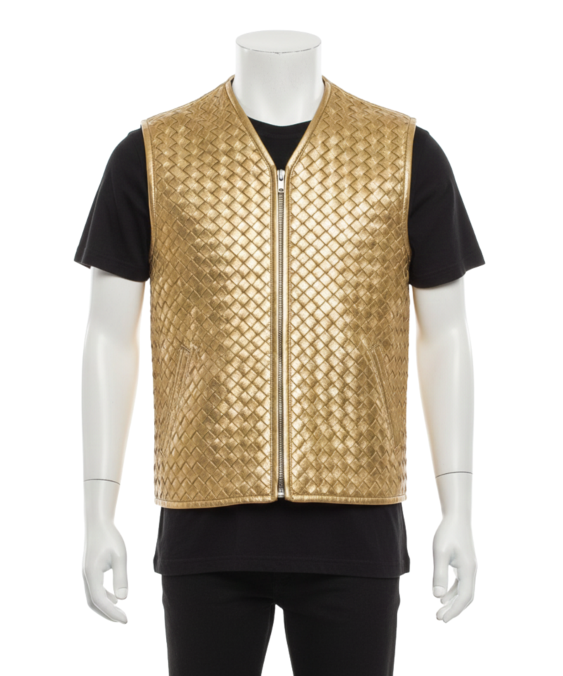 A man wearing a golden woven leather vest with biker lapels and an asymmetrical zipper.
