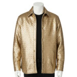 A luxury metallic gold men's leather bomber jacket with a classic collar and yellow ribbed trim, showcased by Custom Jackets USA.
