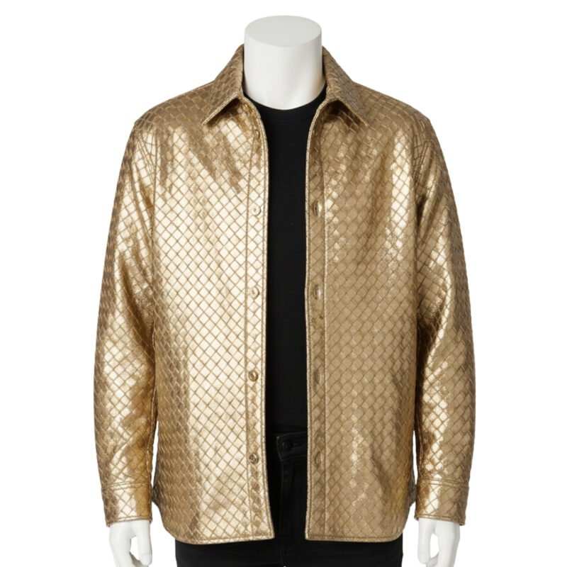 A luxury metallic gold men's leather bomber jacket with a classic collar and yellow ribbed trim, showcased by Custom Jackets USA.