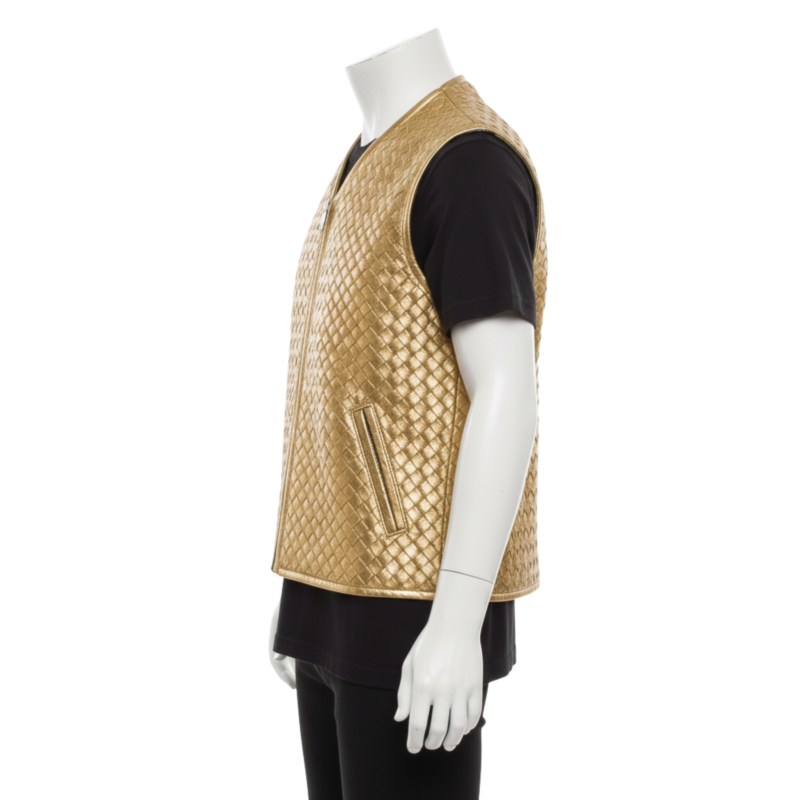 A man wearing a golden woven leather vest with biker lapels and an asymmetrical zipper.