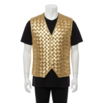 A man wearing a golden woven leather vest western with a classic v-neck and button front.