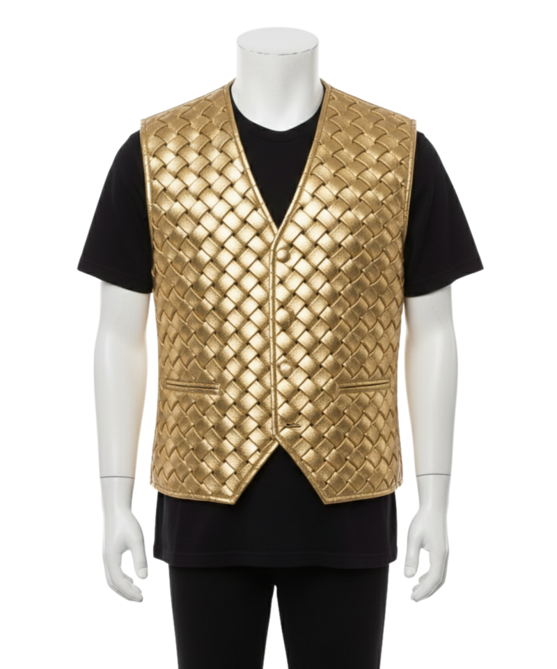 A man wearing a golden woven leather vest western with a classic v-neck and button front.
