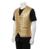 A man wearing a golden woven leather vest western with a classic v-neck and button front.