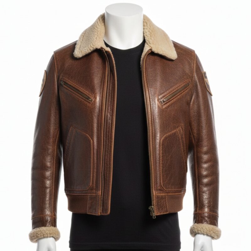 Detailed view of the textured brown leather and metallic chest zippers on an aviator jacket.