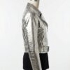 Detailed shot of metallic silver crocodile womens leather bike jackets with a biker ladies leather jacket finish.