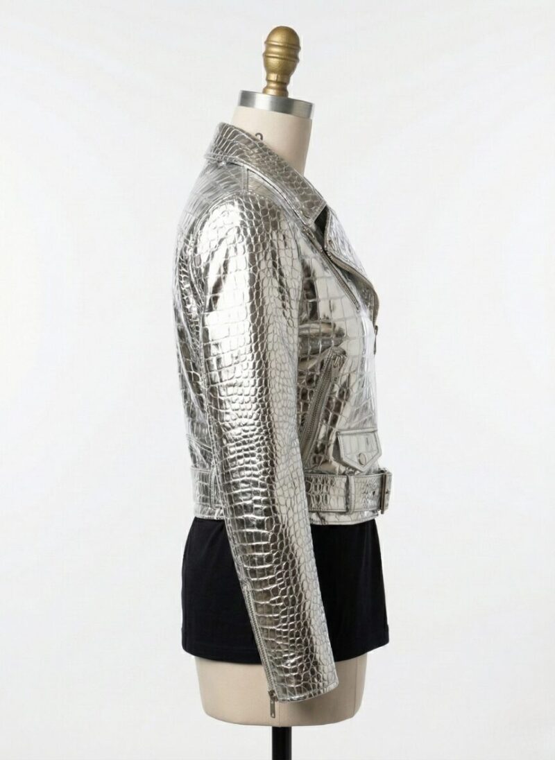 Detailed shot of metallic silver crocodile womens leather bike jackets with a biker ladies leather jacket finish.