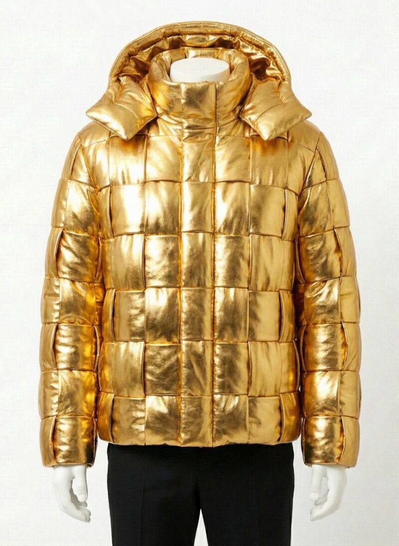 A luxury metallic gold woven leather puffer jacket for men by Custom Jackets USA.