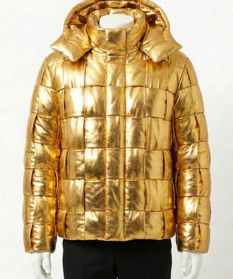 A luxury metallic gold woven leather puffer jacket for men by Custom Jackets USA.