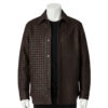 A luxury espresso brown hand-woven men's leather bomber jacket in a shirt-jacket style with a sharp collar and button front.