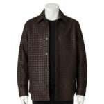 A luxury espresso brown hand-woven men's leather bomber jacket in a shirt-jacket style with a sharp collar and button front.