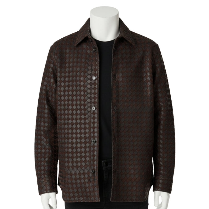 A luxury espresso brown hand-woven men's leather bomber jacket in a shirt-jacket style with a sharp collar and button front.