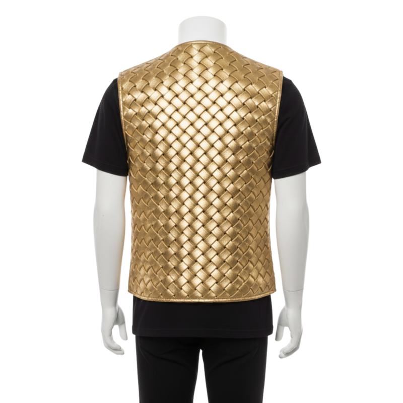 A man wearing a golden woven leather vest western with a classic v-neck and button front.