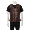 Bespoke brown leather vest for men featuring an intricate hand-woven motorcycle leather pattern and a tailored second skin fit