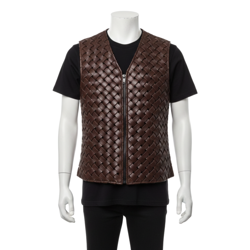 Bespoke brown leather vest for men featuring an intricate hand-woven motorcycle leather pattern and a tailored second skin fit