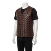 Bespoke brown leather vest for men featuring an intricate hand-woven motorcycle leather pattern and a tailored second skin fit