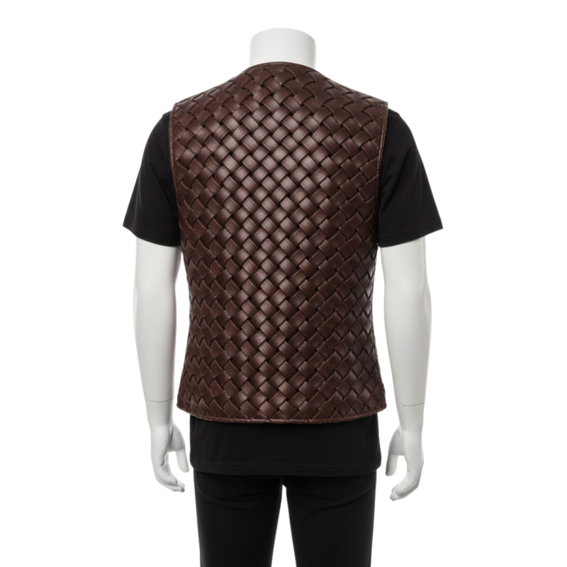 Bespoke brown leather vest for men featuring an intricate hand-woven motorcycle leather pattern and a tailored second skin fit