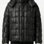 A luxury black woven leather puffer jacket for men by Custom Jackets USA.