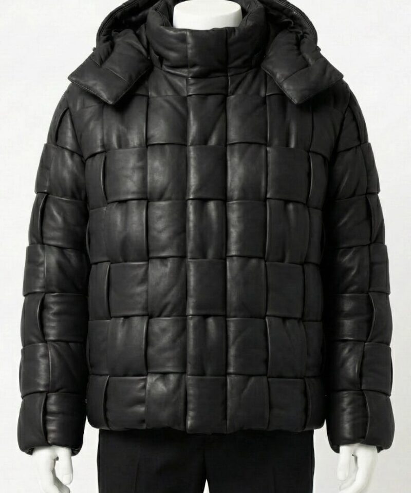A luxury black woven leather puffer jacket for men by Custom Jackets USA.