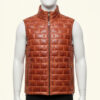 Front view of a burgundy quilted puffer vest mens featuring a unique brick pattern.