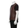 Bespoke brown leather vest for men featuring an intricate hand-woven motorcycle leather pattern and a tailored second skin fit