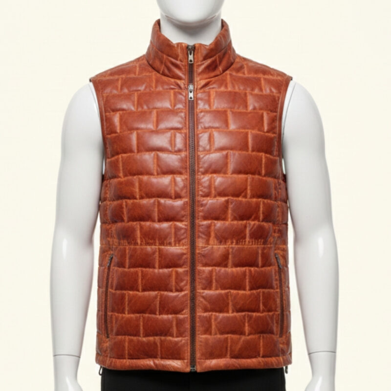 Front view of a burgundy quilted puffer vest mens featuring a unique brick pattern.