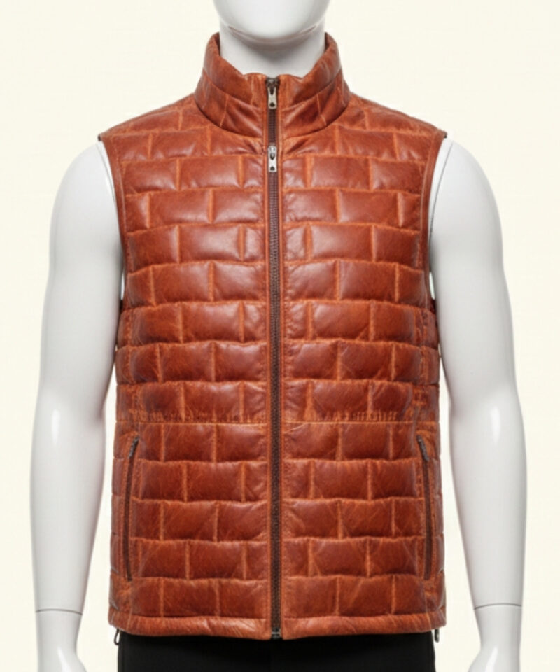 Front view of a burgundy quilted puffer vest mens featuring a unique brick pattern.