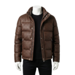 A luxury brown woven genuine leather puffer jacket for men by Custom Jackets USA.