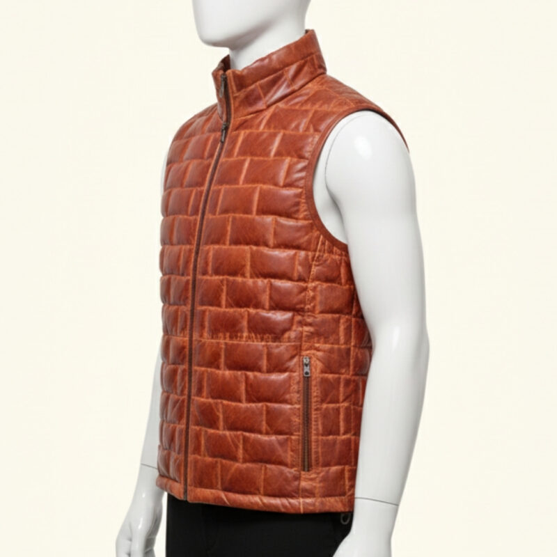 Front view of a burgundy quilted puffer vest mens featuring a unique brick pattern.