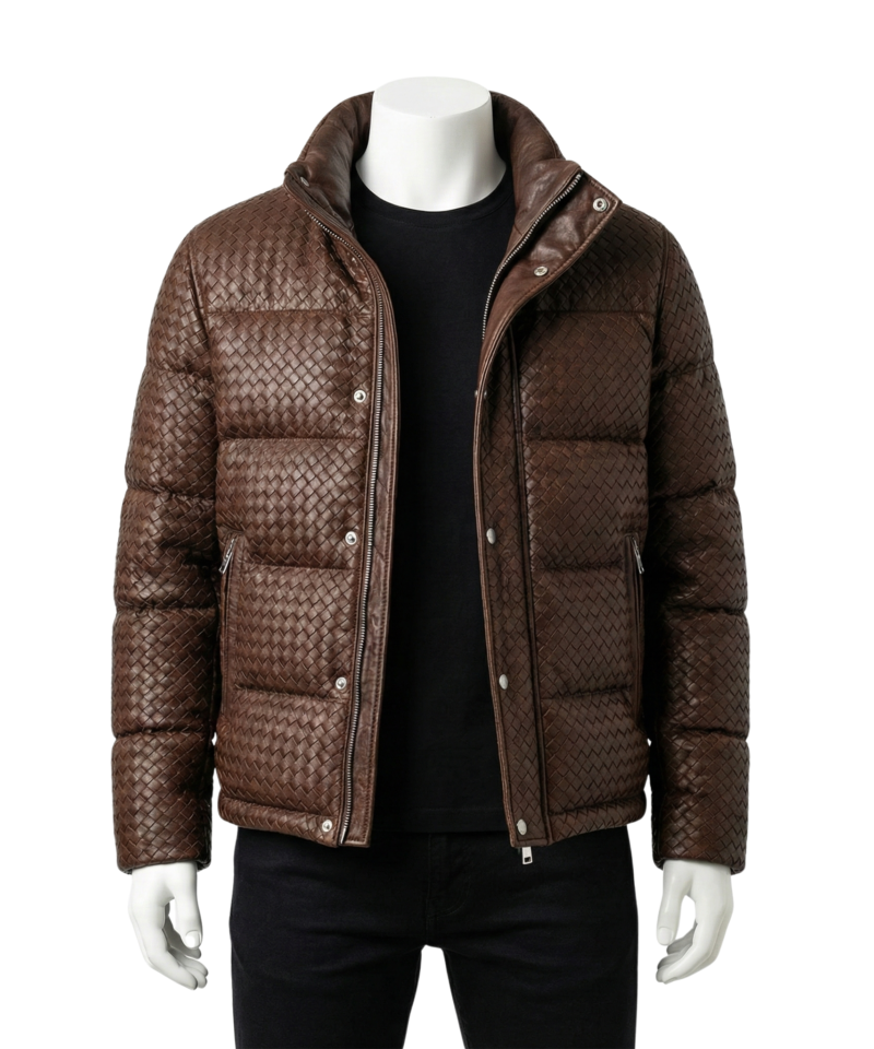 A luxury brown woven genuine leather puffer jacket for men by Custom Jackets USA.