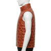 Front view of a burgundy quilted puffer vest mens featuring a unique brick pattern.