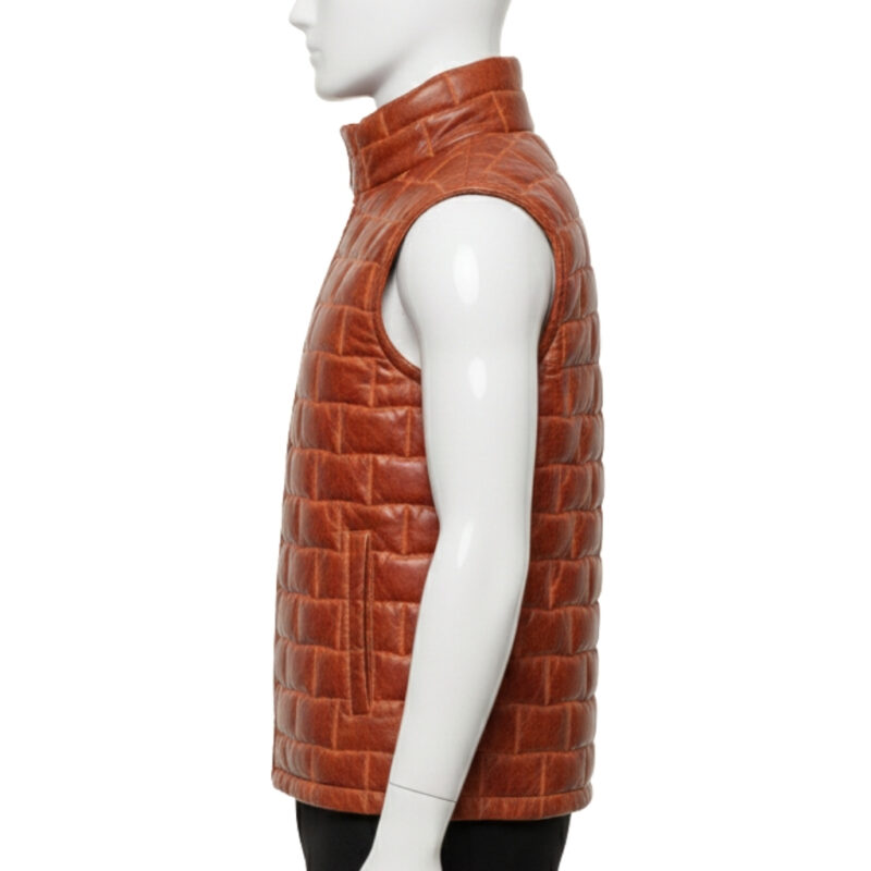 Front view of a burgundy quilted puffer vest mens featuring a unique brick pattern.
