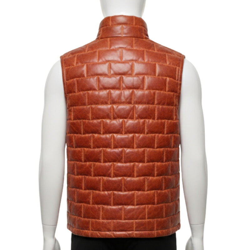 Front view of a burgundy quilted puffer vest mens featuring a unique brick pattern.