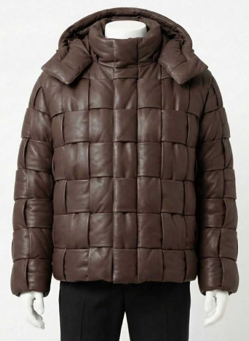 A luxury brown woven leather puffer jacket for men by Custom Jackets USA.