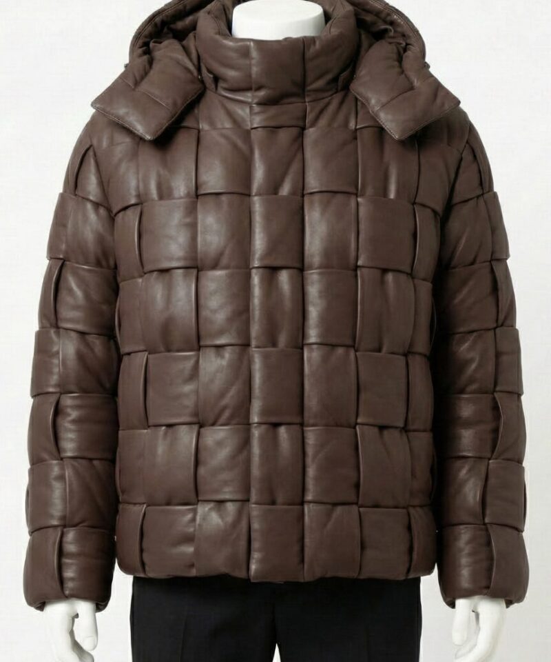 A luxury brown woven leather puffer jacket for men by Custom Jackets USA.