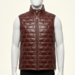 Stylish mahogany brown mens leather puffer vest with a high stand collar on a mannequin.